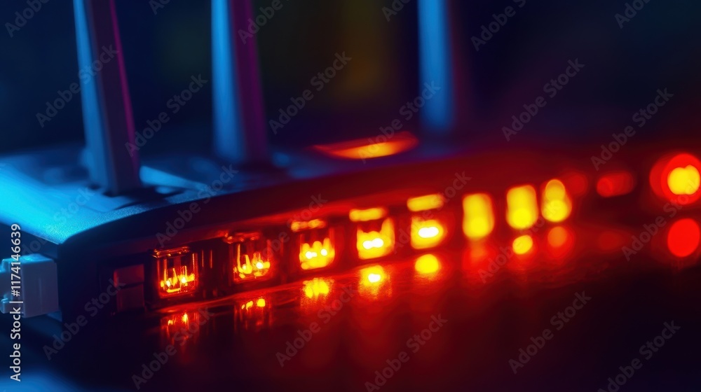 Poster wireless router with illuminated lights showing activity and a fiber optic cable plugged in, creatin