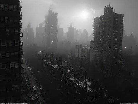 Fototapeta A foggy urban landscape with towering buildings and a muted sun.