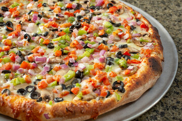 A view of a veggie pizza.