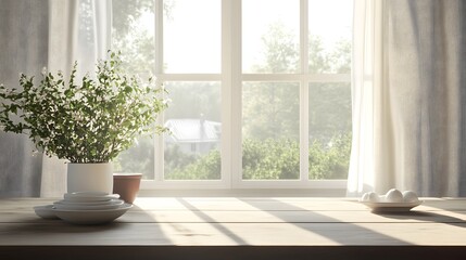 A table with ample space and a white window in the background serves as the setting for this HD and realistic