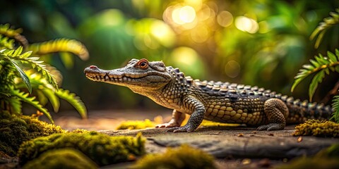 Fototapeta premium A captivating tilt-shift 8K portrait reveals a crocodile, apex predator, in its stunning natural environment.