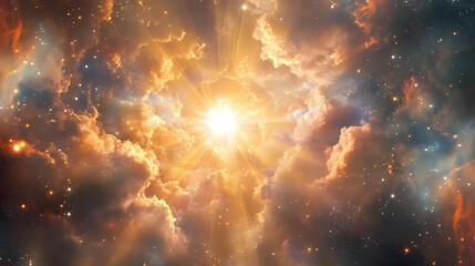 A bright, radiant light bursts through a gap in the clouds, illuminating the sky with a celestial glow. Ravenwood. Illustration