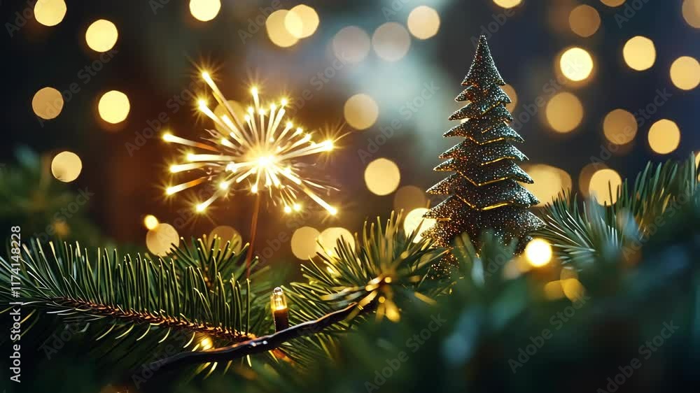 Poster festive lights illuminate a winter scene with a small tree and sparkler amidst evergreen branches in