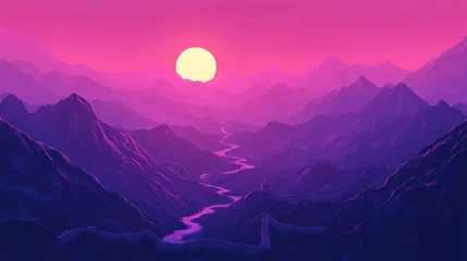Gardinen A serene sunset over mountains with a winding river, creating a tranquil landscape scene. © stockagency