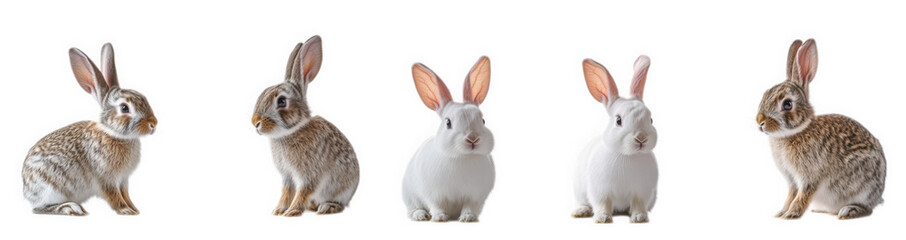 Fototapeta premium four rabbits displayed in a row. showcasing different poses and expressions the first rabbit has a brown and white coat. while the others are predominantly white with varying ear positions the clean b