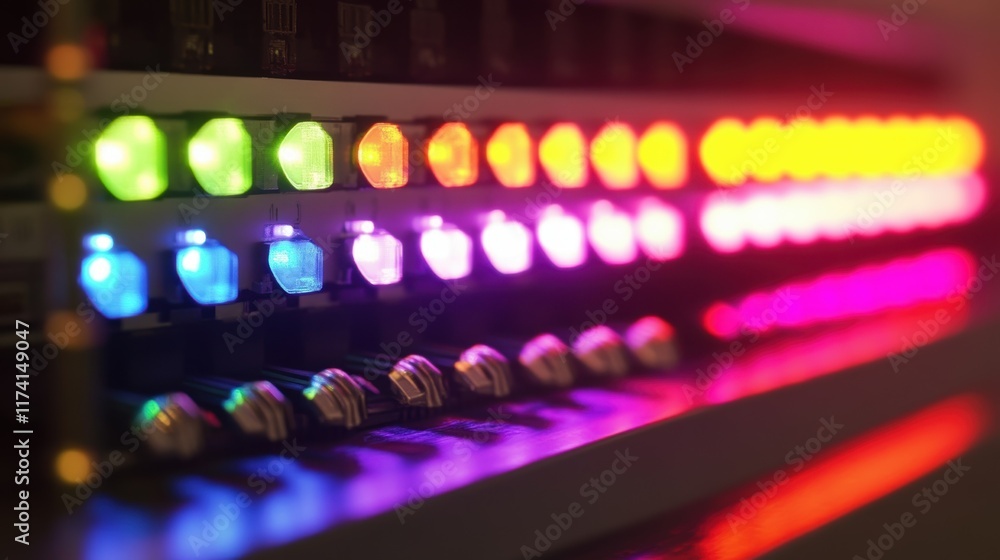 Poster colorful led lights blinking on a network server, illustrating data transfer and processing in a vib
