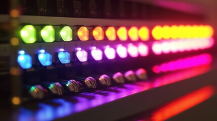 Colorful led lights blinking on a network server, illustrating data transfer and processing in a vibrant data center or server room, highlighting advanced technology and connectivity