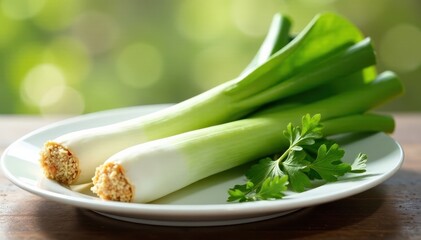 Obraz premium Fresh leek on a white plate with natural light exposure , kitchen, leek, food