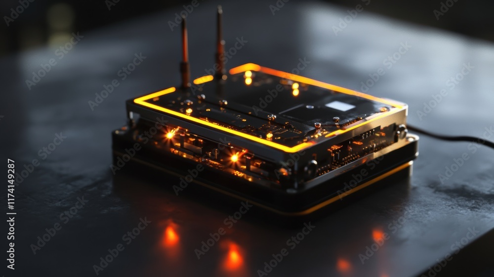 Aufkleber quantum computer with orange neon lights and antennas is working on a dark surface with visible refl