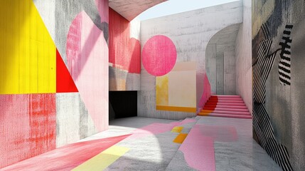 A bright contemporary space with digital generative art in pink and geometric designs.