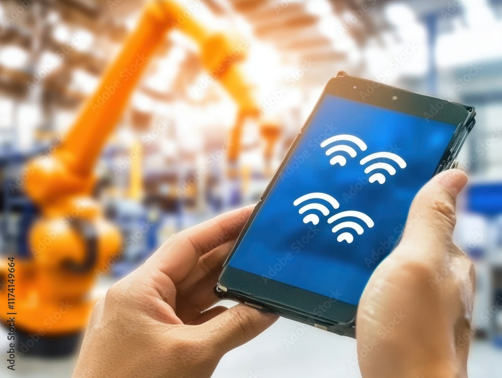Poster monitoring industrial automation with mobile devices in smart factories technology environment close