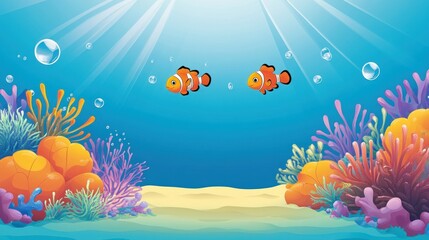 Fototapeta na wymiar Two clownfish swim amidst vibrant coral reef in sunlit ocean.