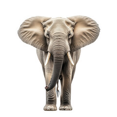 realistic depiction of an elephant. showcasing its large ears. trunk. and tusks against a plain white background the focus is on the elephant's majestic features. emphasizing its size and strength. po