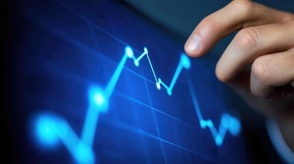 A businessman's hand creating a dynamic strategy graph on a glowing blue digital screen.