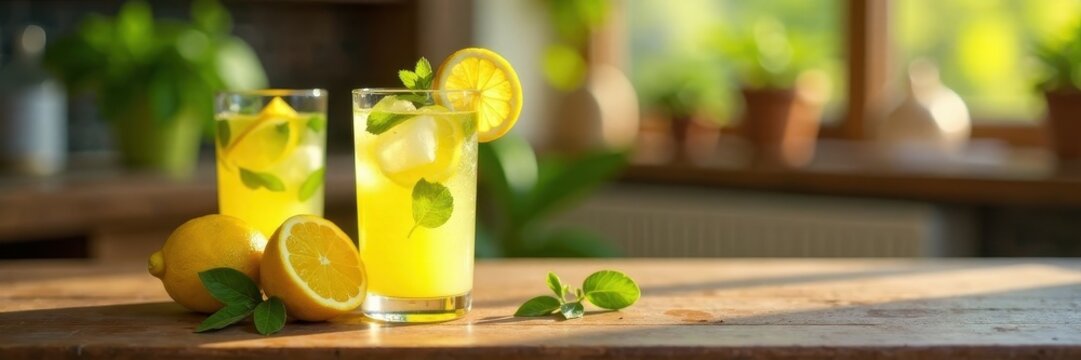 Refreshing glass of citrus lemonade on a wooden table, lemon, glass, table