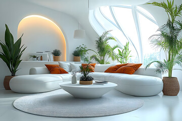 Fototapeta premium A 3D rendering of a panoramic living room with a white sofa and coffee table creates an inviting and modern interior setting in a stock photo