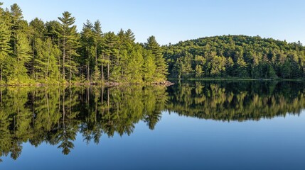 A calm lake bordered by tall green trees, reflecting the soft hues of morning.