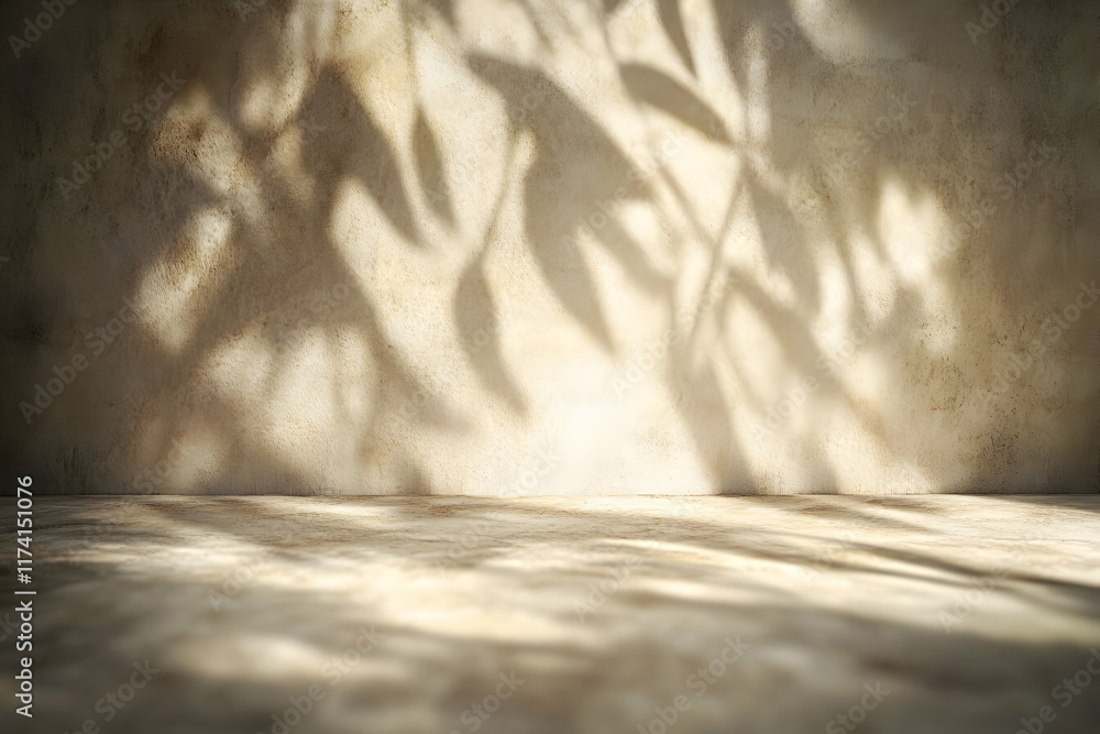 Poster serene studio shot of leaf shadows projected onto a textured wall and floor, creating a calm and min