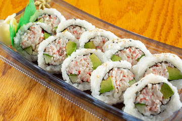 A view of a California roll in a plastic tray.  © DAVID