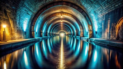 A mysterious, submerged tunnel. Moody long exposure captures a dark, surreal underground river's passage.
