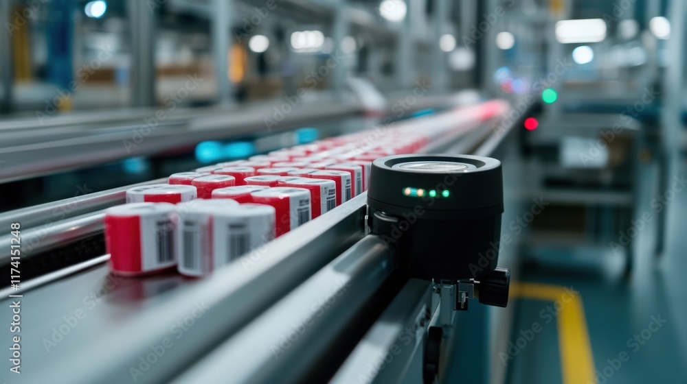 Poster quality control camera is inspecting labelled products moving on an assembly line inside a modern fa