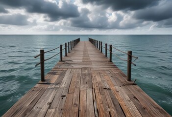 Fototapeta premium Weathered wooden pier stretches into cloudy sea, natural scenery, pier