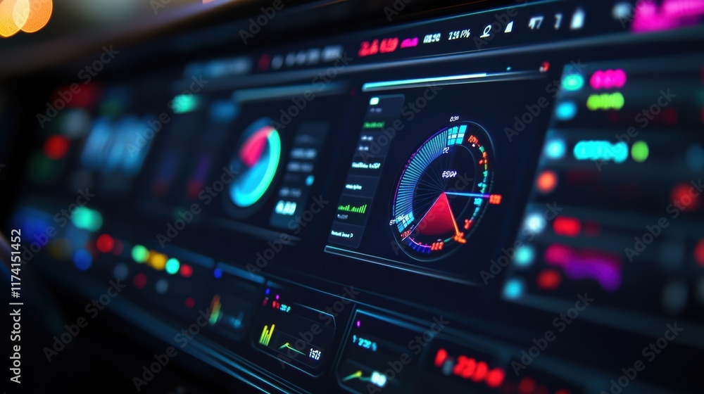Poster glowing holographic interface displaying vibrant charts and metrics, offering real time insights in 