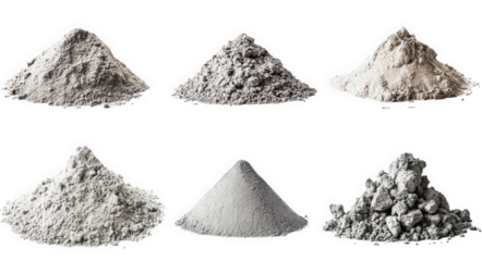 six distinct piles of various types of gray powders. likely representing different materials such as cement. ash. or industrial byproducts each pile varies in texture and size. showcasing the diversit