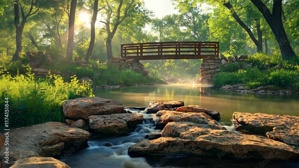 Poster serene bridge over a stream in a lush forest during golden hour with sunlight filtering through the 