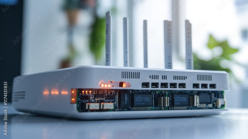 Poster modern router featuring illuminated orange leds and multiple antennas, highlighting advanced network