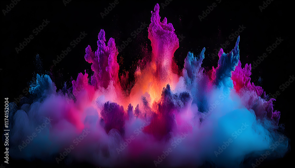 Poster vibrant abstract explosion of colorful powder, creating a dynamic and surreal artwork. perfect for b