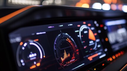 Close up view of a modern car's digital dashboard, displaying vibrant information like speed, battery level, and navigation against a blurred city lights background at night