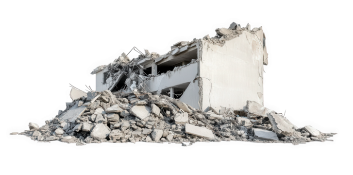 a collapsed building surrounded by debris. illustrating the aftermath of destruction or demolition this scene highlights themes of decay. urban decline. and the impact of natural disasters or human ac