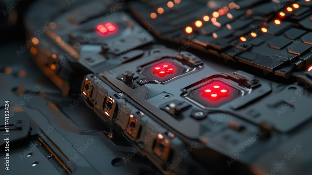 Poster futuristic server rack with blinking red lights and complex circuitry in a dark room suggesting adva