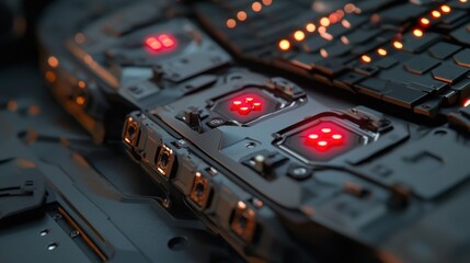Futuristic server rack with blinking red lights and complex circuitry in a dark room suggesting advanced technology and potential system errors