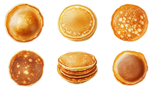 a collection of pancakes arranged in various positions. highlighting their golden-brown color and fluffy texture the pancakes are presented on a white background. emphasizing their appetizing appearan - Powered by Adobe