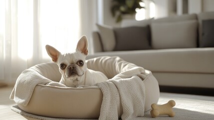 A cozy pet bed with a soft blanket and a toy bone placed in a modern living room.