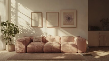 A cozy yet modern Zoom room with a pink sofa, neutral decor, and framed generative art.