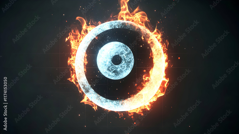 Poster fiery abstract circle with icy core; contrasting elements of fire and ice create a visually stunning