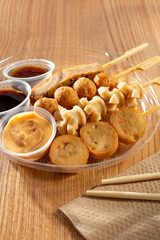 A view of assorted oden skewers.
