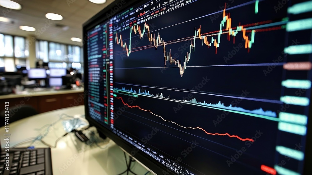 Poster a digital stock chart with moving averages displayed on a vibrant computer screen.