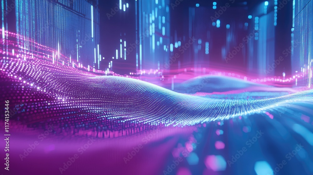 Poster a digital stock chart with moving averages displayed on a vibrant computer screen.