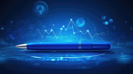 A digital pen tracing an upward graph line on a futuristic blue background with financial symbols.