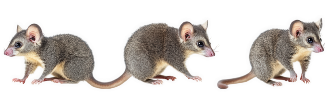 three side views of a small. furry marsupial. showcasing its distinct features such as large ears. a pointed snout. and a long tail the animal is depicted in a neutral setting. emphasizing its physica