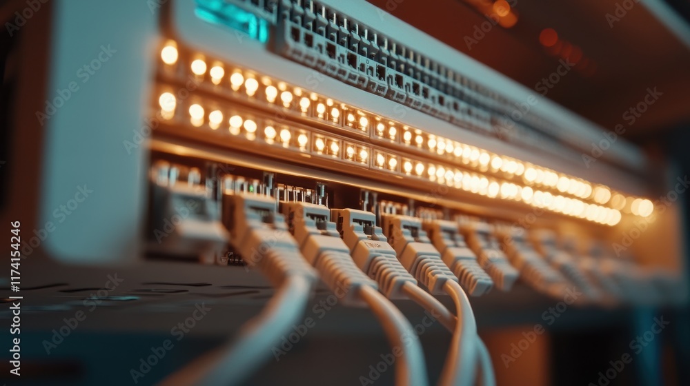 Poster ethernet cables connected to a network switch are flashing, indicating data transfer within a data c