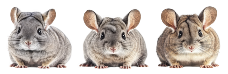 three adorable chinchillas sitting side by side. showcasing their soft fur and large ears their expressions are curious and endearing. making them appealing subjects for animal lovers educational purp