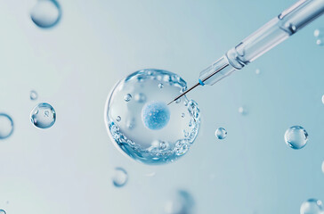 Close-up of an ivf needle glowing blue and filled with liquid, with the needle pulling out one cell from inside it