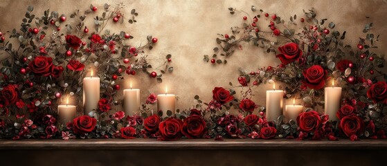 Roses and glowing candles arranged on a cozy lovethemed table, realistic, manipulation, party setup
