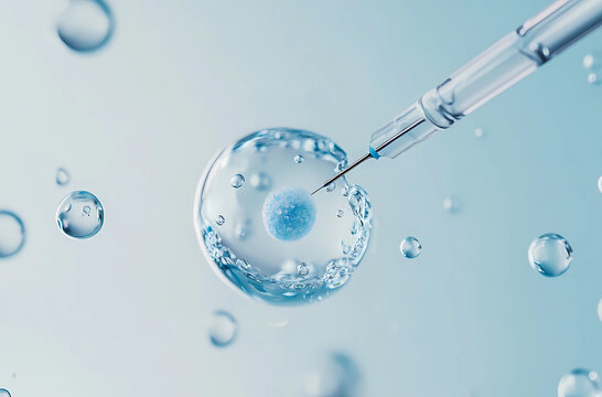 Close-up of an ivf needle glowing blue and filled with liquid, with the needle pulling out one cell from inside it