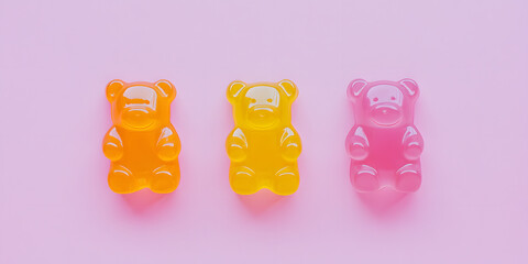 Colorful gummy bears arranged on a pink background, showcasing playful and sweet candy visuals